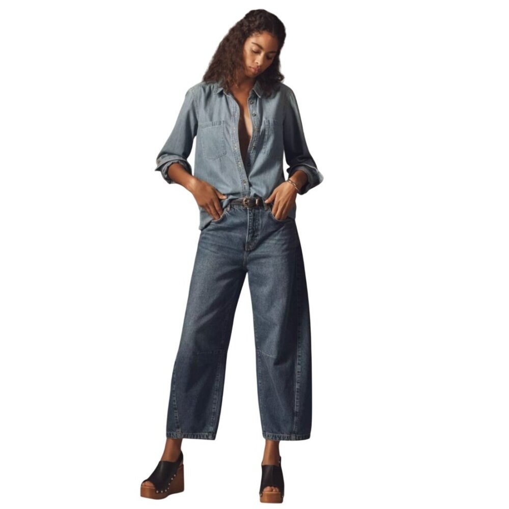Reformation Tyler Mid-Rise Barrel Jeans Non-Stretch Relaxed Denim Mountain 28
